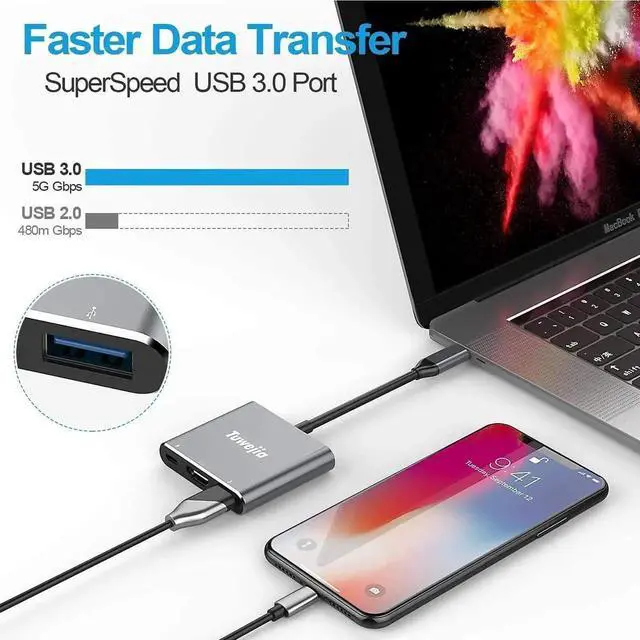 Alt view image 3 of 7 - JAENFONG USB C to HDMI Multiport Adapter USB 3.1 Gen 1 Thunderbolt 3 to HDMI 4K Video Converter/USB 3.0 Hub Port PD Quick Charging Port with Large Projection
