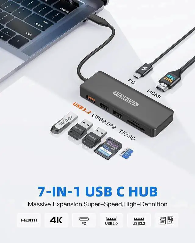 Alt view image 2 of 7 - JAENFONG USB C Hub 7 Ports USB C MultiPort Adapter for MacBook Pro/Air Type C to HDMI Dongle with 4K HDMI 1 USB 3.2 Up to 10Gbps 2 USB 2.0 100W PD SD/TF for iPhone 15/16 and Other Type C Devices