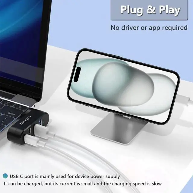 Alt view image 4 of 6 - JAENFONG Upgrade 4 Ports USB 3.0 Hub (90°/180° Degree Rotatable) USB Multiport Rotating Hub with USB C Power/Data Port USB Extender for Laptop Camera PC Xbox MacBook Pro and More