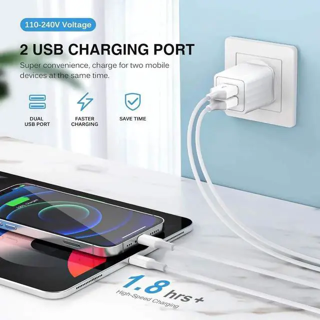 Alt view image 3 of 7 - iPhone Charger [ MFi Certified] Fast iPhone Charger 2PACK 6FT Lightning Cable Cord Fast Charging Dual 2 Port Plug USB Wall Charger Compatible with iPhone 14 13 12 11 Pro Max XS XR X 8 Plus 7 iPad