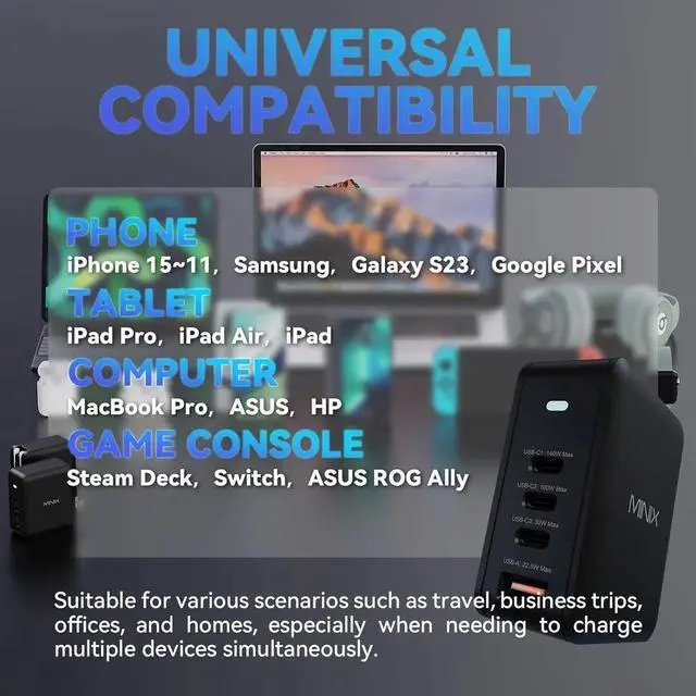 Alt view image 4 of 7 - 165W USB C Charger GaN II Charger PD3.1 Max 140W Turbo 4-Port Charging Adapter Fast Charging Station Compatible with MacBook Pro/iPad Air/iPhone15 14 13Pro Max/Galaxy S24 Ultra and More