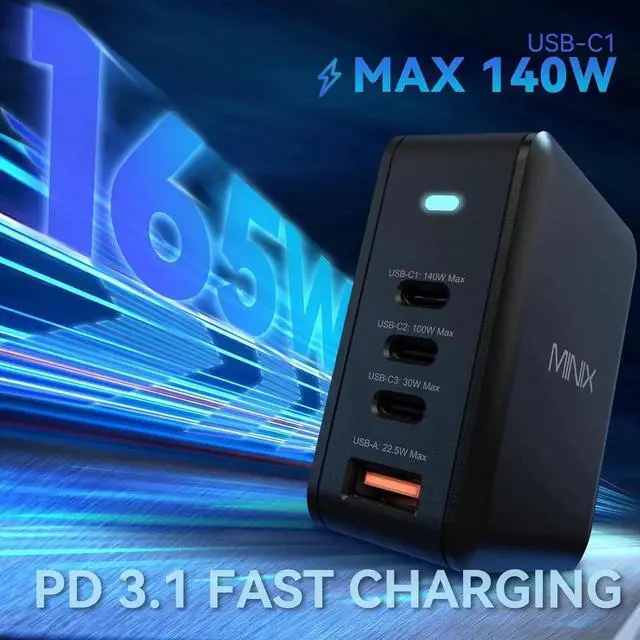 Alt view image 6 of 7 - 165W USB C Charger GaN II Charger PD3.1 Max 140W Turbo 4-Port Charging Adapter Fast Charging Station Compatible with MacBook Pro/iPad Air/iPhone15 14 13Pro Max/Galaxy S24 Ultra and More