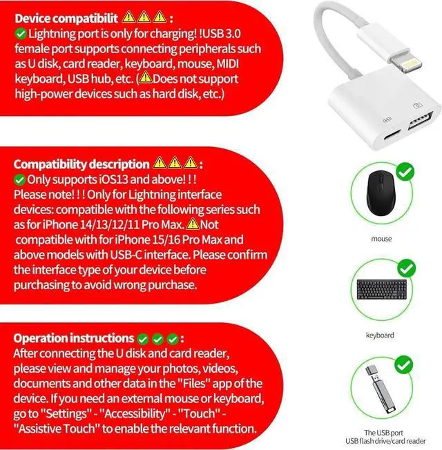 Alt view image 3 of 7 - Certified Lightning Male to USB Female Adapter OTG and Charger Cable for iPhone 11 12 Mini max pro xs xr x se 7 8plus Ipad air A Camera Memory Stick Flash Drive Cord Converter Charging Splitter
