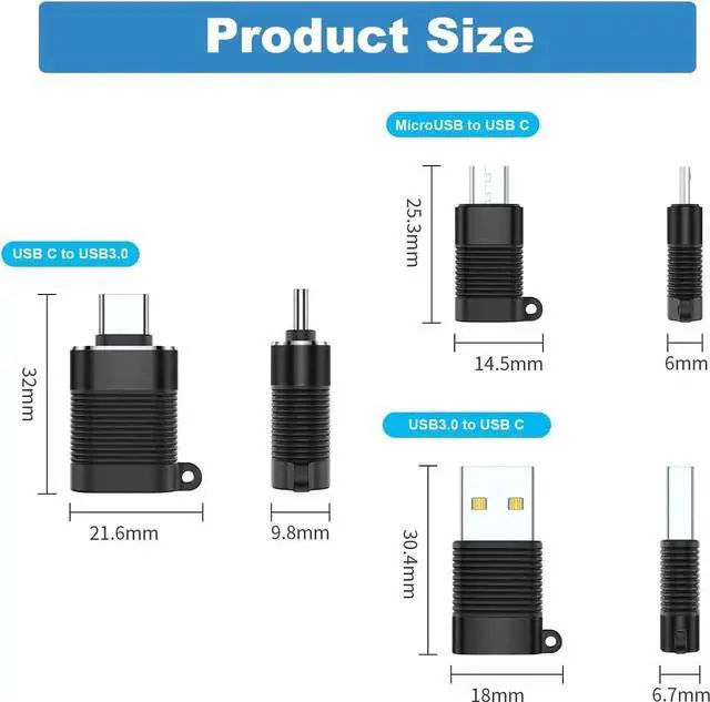 Alt view image 5 of 6 - JAENFONG USB C Adapter (6 Pack) Micro USB Male to USB C Female USB 3.0 Male to USB C Female USB Type-C Male to USB 3.0 Female Converter Connector (Black)