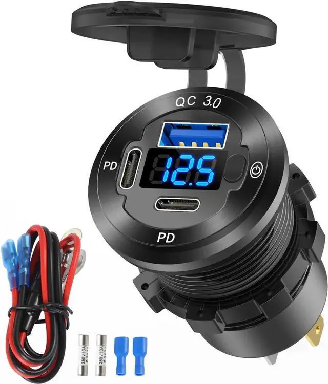 Main image of 12V USB Outlet 3 Port Car Charger Socket 78W Dual PD USB C 30W and Quick Charge3.0 Port Aluminum Charger Waterproof with Voltmeter and Button Switch for Boat Marine Motorcycle RV Truck Golf Cart etc