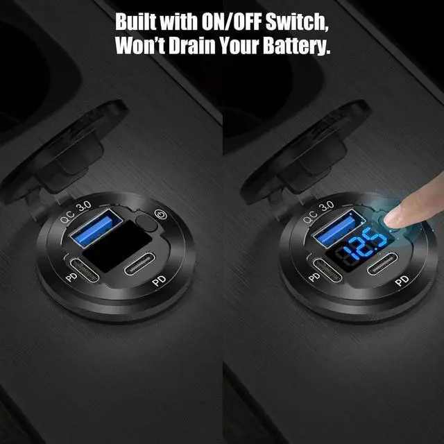 Alt view image 2 of 7 - 12V USB Outlet 3 Port Car Charger Socket 78W Dual PD USB C 30W and Quick Charge3.0 Port Aluminum Charger Waterproof with Voltmeter and Button Switch for Boat Marine Motorcycle RV Truck Golf Cart etc