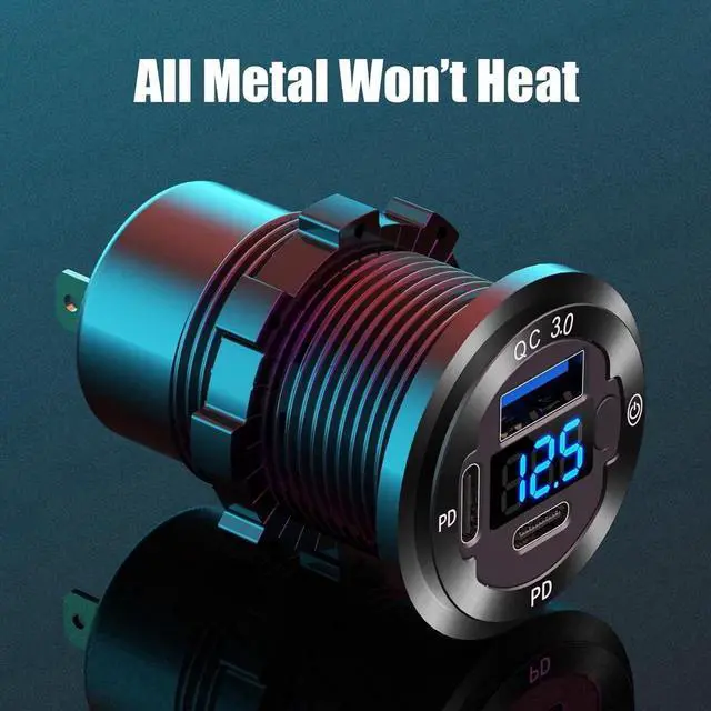 Alt view image 3 of 7 - 12V USB Outlet 3 Port Car Charger Socket 78W Dual PD USB C 30W and Quick Charge3.0 Port Aluminum Charger Waterproof with Voltmeter and Button Switch for Boat Marine Motorcycle RV Truck Golf Cart etc