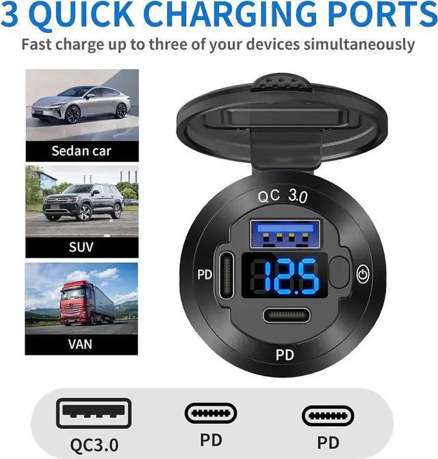 Alt view image 7 of 7 - 12V USB Outlet 3 Port Car Charger Socket 78W Dual PD USB C 30W and Quick Charge3.0 Port Aluminum Charger Waterproof with Voltmeter and Button Switch for Boat Marine Motorcycle RV Truck Golf Cart etc