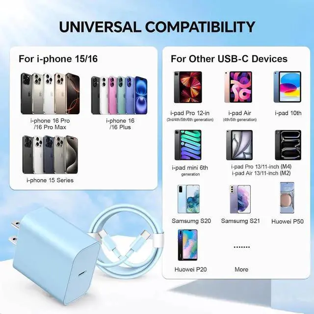 Alt view image 6 of 7 - USB C Fast Charger 2Pack 20W Type C Wall Charger Block and 60W 10FT i Phone Fast Charging Cord Compatible with i Phone 15/16 Pro/Plus/Pro Max/ - Purple Blue