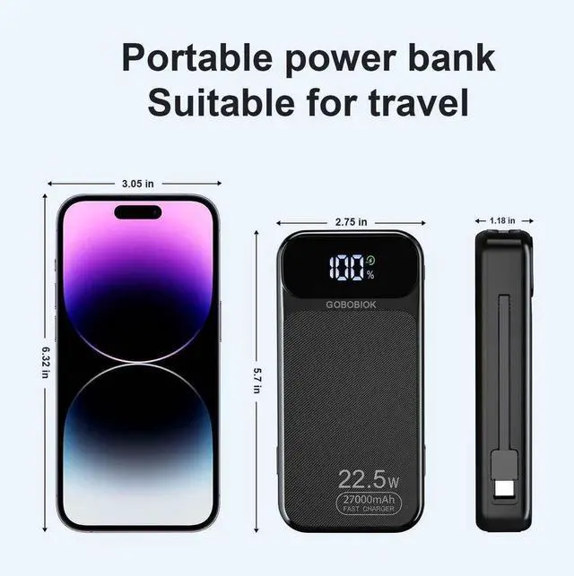 Alt view image 3 of 6 - JAENFONG Power Bank 27000mAh Fast Charging Built-in 2 Cables 22.5W Portable Charger Portable USB C Power Bank Battery Pack with LCD Display Powerbank for Smartphones Tablets and More