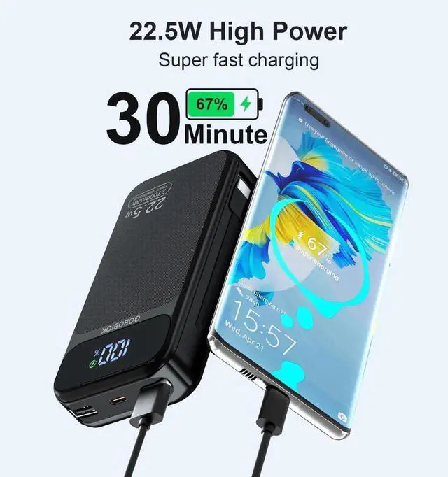 Alt view image 2 of 6 - JAENFONG Power Bank 27000mAh Fast Charging Built-in 2 Cables 22.5W Portable Charger Portable USB C Power Bank Battery Pack with LCD Display Powerbank for Smartphones Tablets and More