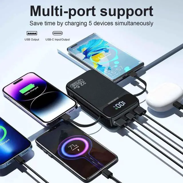 Alt view image 4 of 6 - JAENFONG Power Bank 27000mAh Fast Charging Built-in 2 Cables 22.5W Portable Charger Portable USB C Power Bank Battery Pack with LCD Display Powerbank for Smartphones Tablets and More