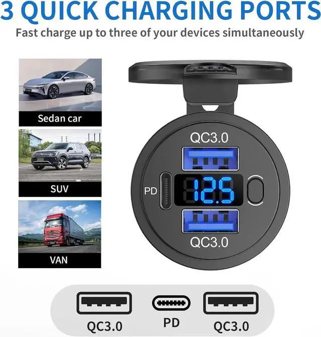 Alt view image 7 of 7 - 12V USB C Outlet Marine USB Charging Port for Car Dual Quick Charge 3.0 & PD 3.0 Car Charger Socket with Button Switch and Voltmeter Cigarette Lighter Replacement DIY Kit for 12V/24V Vehicles
