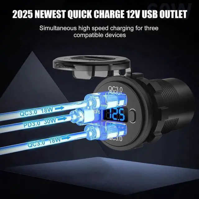 Alt view image 5 of 7 - 12V USB C Outlet Marine USB Charging Port for Car Dual Quick Charge 3.0 & PD 3.0 Car Charger Socket with Button Switch and Voltmeter Cigarette Lighter Replacement DIY Kit for 12V/24V Vehicles