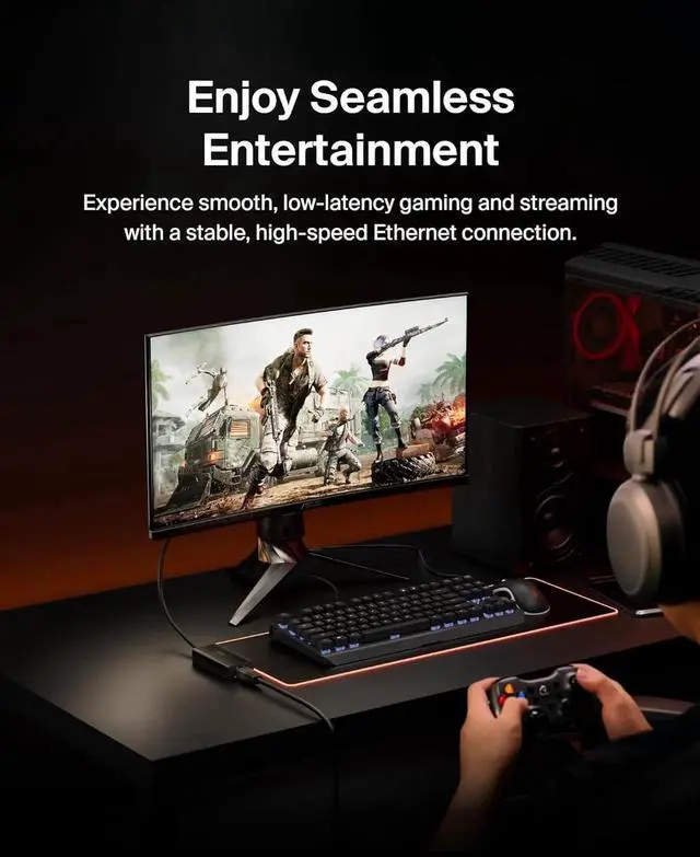 Alt view image 4 of 7 - JAENFONG USB-C to Ethernet Adapter Gigabit Ethernet Port Compatible w/ USB-C Devices USB-C to Ethernet Cable for MacBook Pro & XPS 13 Laptops Ethernet USB-C Hub Ethernet USB-C Adapter - Black