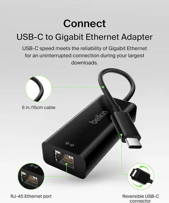 Alt view image 3 of 7 - JAENFONG USB-C to Ethernet Adapter Gigabit Ethernet Port Compatible w/ USB-C Devices USB-C to Ethernet Cable for MacBook Pro & XPS 13 Laptops Ethernet USB-C Hub Ethernet USB-C Adapter - Black