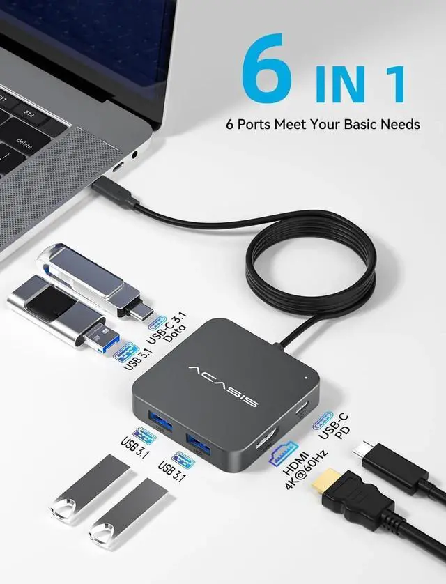 Alt view image 4 of 7 - JAENFONG USB C Hub Long Cable 4FT 10Gbps Multiport Adapter with 4K 60Hz HDMI 100W Power Delivery 3 USB A3.1+1 USB-C 3.1 Data Port USB C to HDMI Adapter for MacBook Surface iPad PRO