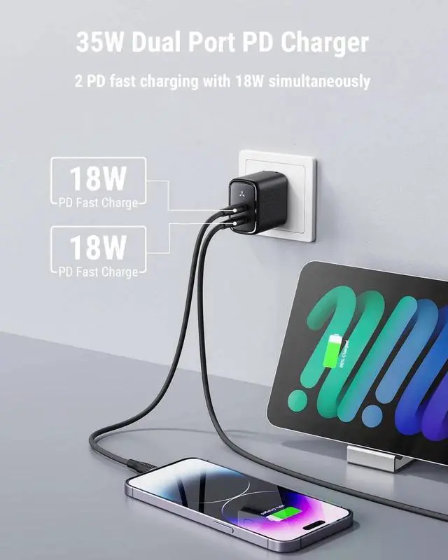 Alt view image 6 of 6 - USB C Charger 35W USB Wall Charger Block PPS Dual USB-C Port Compact Foldable Power Adapter for MacBook Air iPhone 14/13/Mini/Pro/Pro Max iPad Pro/Air Galaxy and More