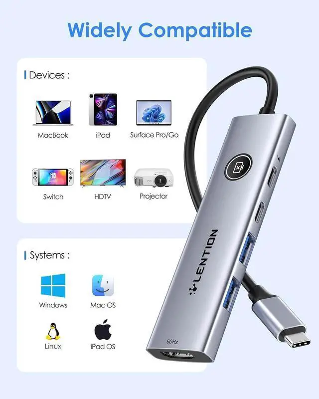 Alt view image 3 of 7 - JAENFONG USB C Multiport Adapter 5-in-1 USB C Hub with HDMI 4K@60Hz USB A 3.0 Type C 3.0 100W PD Charging Multiport USB Adapter with Screen On/Off Button for MacBook and Other Type C Devices