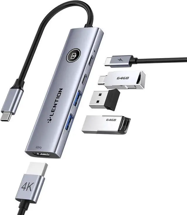 Main image of JAENFONG USB C Multiport Adapter 5-in-1 USB C Hub with HDMI 4K@60Hz USB A 3.0 Type C 3.0 100W PD Charging Multiport USB Adapter with Screen On/Off Button for MacBook and Other Type C Devices