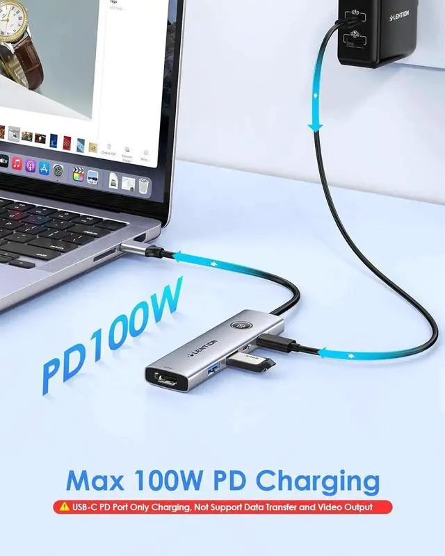 Alt view image 4 of 7 - JAENFONG USB C Multiport Adapter 5-in-1 USB C Hub with HDMI 4K@60Hz USB A 3.0 Type C 3.0 100W PD Charging Multiport USB Adapter with Screen On/Off Button for MacBook and Other Type C Devices