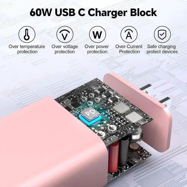 Alt view image 7 of 7 - Phone Chager Fast Charging 60W 10FT USB C Charger Cord and Type C Wall Charger Block Compatible with i Phone 16/16 Plus/16 Pro/16 Pro Max/15/15 Pro/15 Pro Max/15 Plus - Pink and Yellow