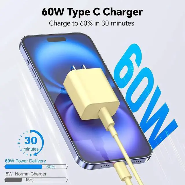 Alt view image 4 of 7 - Phone Chager Fast Charging 60W 10FT USB C Charger Cord and Type C Wall Charger Block Compatible with i Phone 16/16 Plus/16 Pro/16 Pro Max/15/15 Pro/15 Pro Max/15 Plus - Pink and Yellow