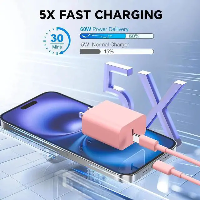 Alt view image 3 of 7 - Phone Chager Fast Charging 60W 10FT USB C Charger Cord and Type C Wall Charger Block Compatible with i Phone 16/16 Plus/16 Pro/16 Pro Max/15/15 Pro/15 Pro Max/15 Plus - Pink and Yellow
