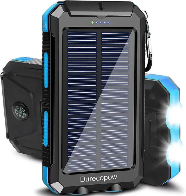 Main image of JAENFONG Solar Charger Power Bank 20000mAh Portable Outdoor Waterproof Solar Battery Charger Camping External Backup Battery Pack USB C Ports Input/Output 2 Led Light Flashlight with Compass (Blue)