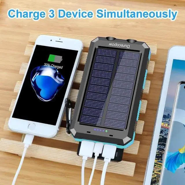 Alt view image 3 of 7 - JAENFONG Solar Charger Power Bank 20000mAh Portable Outdoor Waterproof Solar Battery Charger Camping External Backup Battery Pack USB C Ports Input/Output 2 Led Light Flashlight with Compass (Blue)
