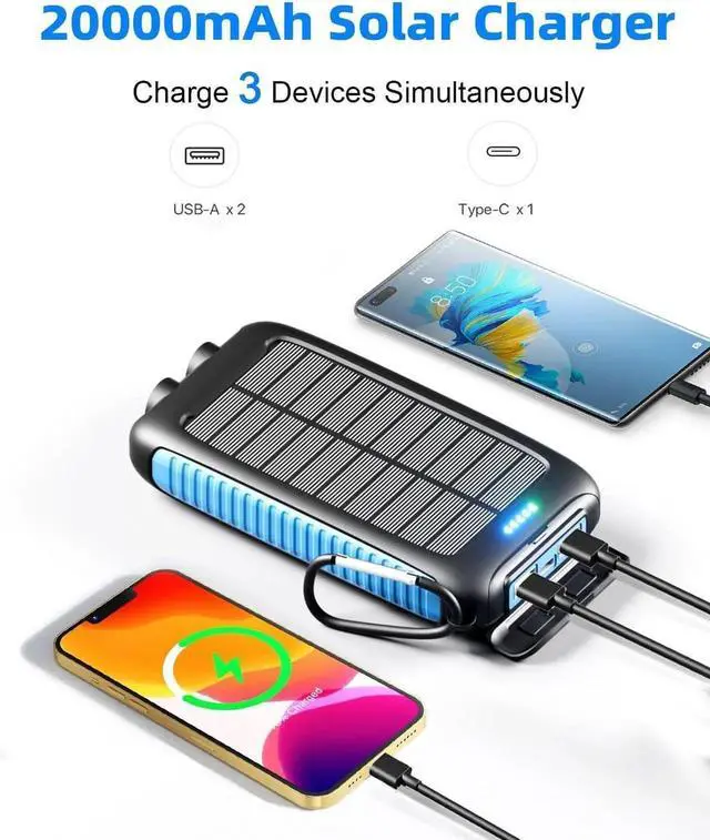 Alt view image 4 of 7 - JAENFONG Solar Charger 20000mAh Portable Solar Power Bank - IPX5 Waterproof with Built-in Solar Panel and LED Flashlight Solar Phone Charger