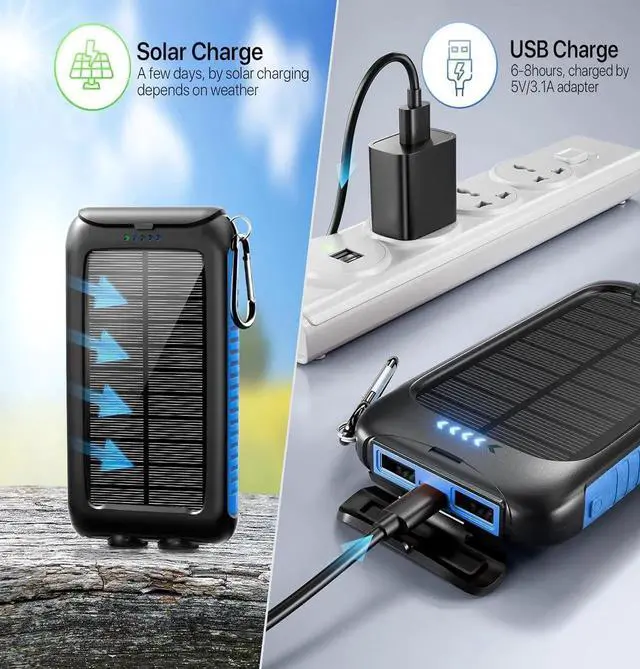 Alt view image 3 of 7 - JAENFONG Solar Charger 20000mAh Portable Solar Power Bank - IPX5 Waterproof with Built-in Solar Panel and LED Flashlight Solar Phone Charger