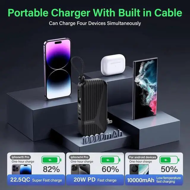 Alt view image 2 of 7 - JAENFONG Portable Charger with Built in Cable and AC Wall Plug 10000 mAh External Battery Power Bank LED Display 4 Outputs 2 Inputs Travel Phone Charger Battery Pack for iPhone 16 15 14 13 iPad