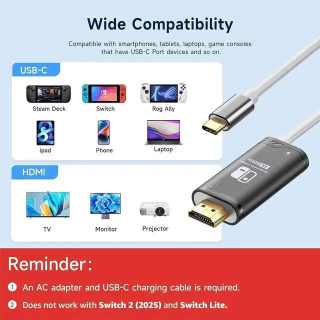 Alt view image 5 of 7 - JAENFONG 4K@60Hz USB C to HDMI Cable Only for Nintendo Switch 2017/OLED/Steam Deck/ROG Ally 2m/6.6FT Portable USB-C to HDMI Cord Replaces Original Switch Dock for TV Screen Mirroring Black