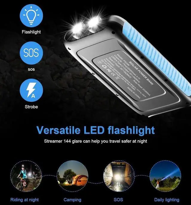 Alt view image 2 of 7 - JAENFONG Power-Bank-Solar-Charger - 20000mAh Power Bank Portable Charger External Battery Pack 5V/3A Type C Input Output Dual Built-in Super Bright Flashlight Carabiner Solar Panel Charging
