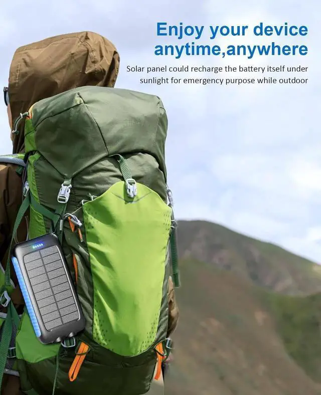 Alt view image 7 of 7 - JAENFONG Power-Bank-Solar-Charger - 20000mAh Power Bank Portable Charger External Battery Pack 5V/3A Type C Input Output Dual Built-in Super Bright Flashlight Carabiner Solar Panel Charging