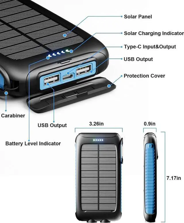 Alt view image 4 of 7 - JAENFONG Power-Bank-Solar-Charger - 20000mAh Power Bank Portable Charger External Battery Pack 5V/3A Type C Input Output Dual Built-in Super Bright Flashlight Carabiner Solar Panel Charging