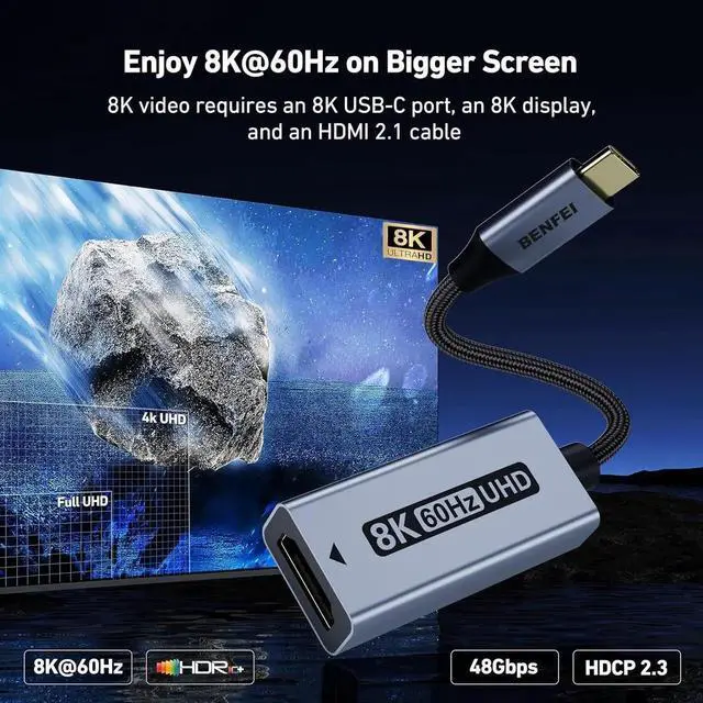 Alt view image 3 of 7 - JAENFONG USB C to HDMI 2.1 Adapter (8K@60Hz 4K@240Hz Aluminum Shell Nylon Braided) Compatible with iPhone 15/16 Pro/Max MacBook Pro/Air 2023 iPad Pro Surface Book 2 More