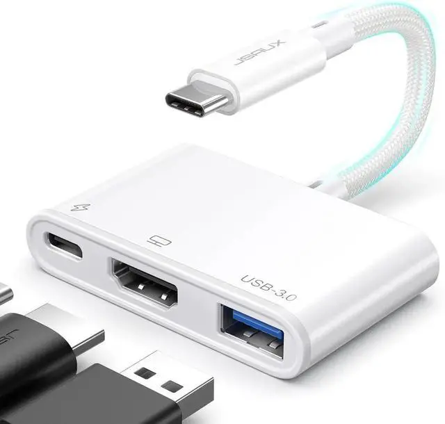 Main image of JAENFONG USB C to HDMI Adapter Digital AV Multiport 4K@30Hz 3-in-1 100W Charging 5Gbps USB A 3.0 Type C Compatible with iPhone 16 Pro/16 Pro Max/16/iPhone 15 Pro Max S24/23 iPad MacBook
