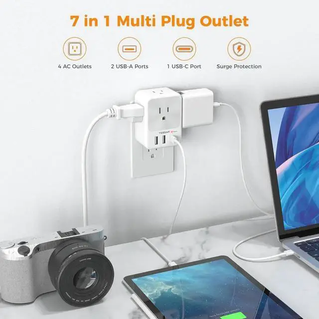 Alt view image 3 of 6 - Surge Protector Wall Outlet Extender Multi Plug Outlet Splitter with 3 USB Charging Blocks(1 USB C) Multi Plug Wall Charger for Home Office School College Dorm Essentials