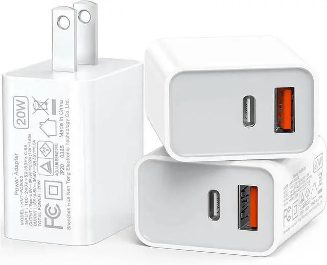 Main image of USB C Wall Charger Block 20W 3-Pack Dual Port PD Power Delivery Fast Type C Charging Block Plug Adapter for iPhone 16/15/14/13/12/11 /Pro Max XS/XR/X iPad Pro Galaxy(White)