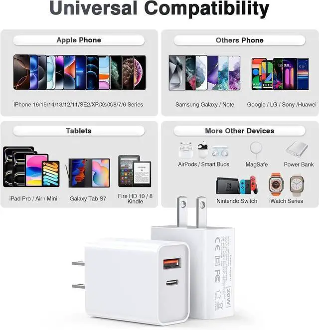 Alt view image 4 of 6 - USB C Wall Charger Block 20W 3-Pack Dual Port PD Power Delivery Fast Type C Charging Block Plug Adapter for iPhone 16/15/14/13/12/11 /Pro Max XS/XR/X iPad Pro Galaxy(White)