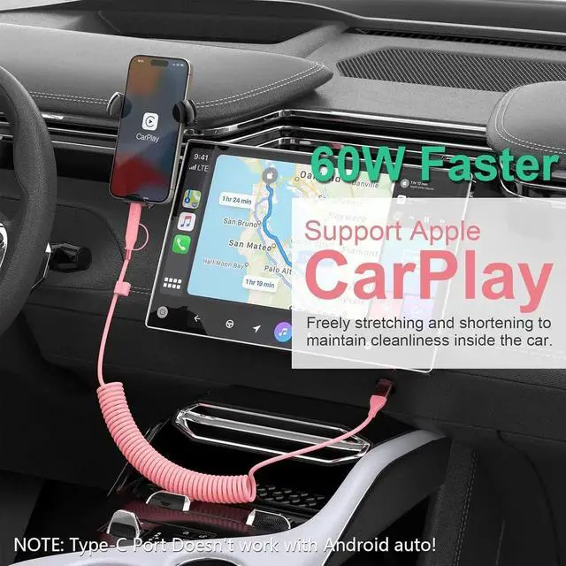 Alt view image 5 of 5 - Multi Coiled 4-in-1 USBA/Type C to USB-C/Lightning Cable Combo for Carplay& Android Auto Pink 3A 60W Fast Charge & Data Sync Car Charger Cord for iPhone 15/14/13/12 Galaxy Android-MFi