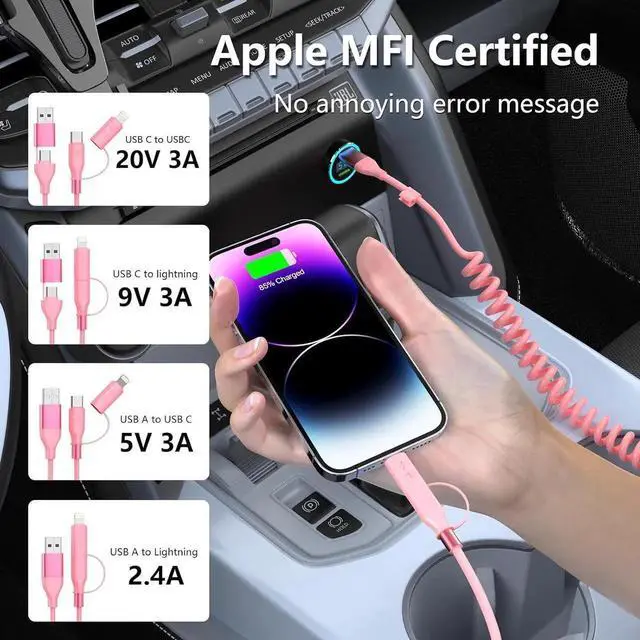 Alt view image 4 of 5 - Multi Coiled 4-in-1 USBA/Type C to USB-C/Lightning Cable Combo for Carplay& Android Auto Pink 3A 60W Fast Charge & Data Sync Car Charger Cord for iPhone 15/14/13/12 Galaxy Android-MFi