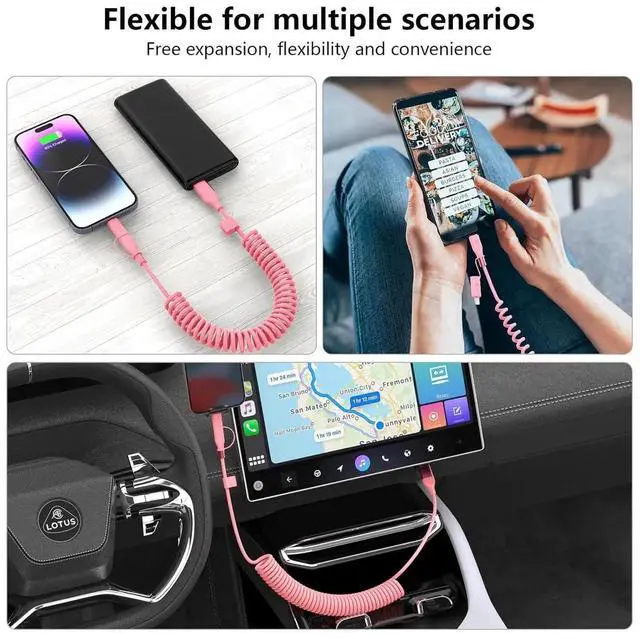 Alt view image 2 of 5 - Multi Coiled 4-in-1 USBA/Type C to USB-C/Lightning Cable Combo for Carplay& Android Auto Pink 3A 60W Fast Charge & Data Sync Car Charger Cord for iPhone 15/14/13/12 Galaxy Android-MFi