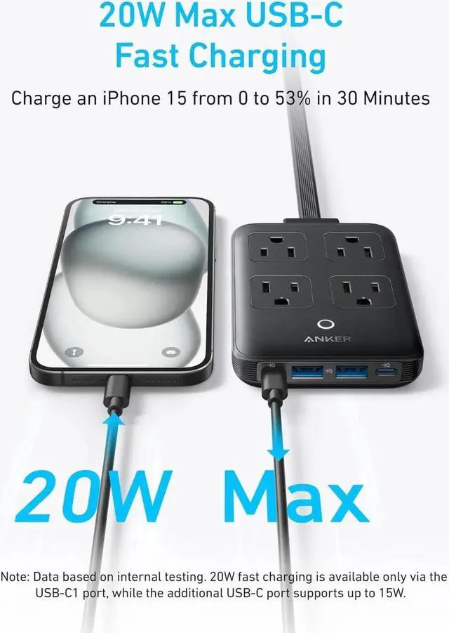 Alt view image 2 of 6 - Charging Station 20W Max 8-in-1 USB-C Power Strip for iPhone 15/14 and MacBook Air/Pro 5 ft Thin Cord with 4 AC 2 USB-A and 2 USB-C Ports Fast Charging Desktop Charger for Travel Office