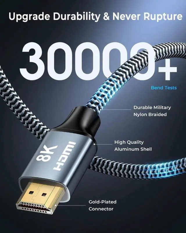 Alt view image 2 of 7 - JAENFONG 8K HDMI Cable 10 ft 2Pack 48Gbps High Speed HDMI 2.1 Cable Braided HDMI Cable 2.1 8K 60Hz 4K 120Hz Support for HDR eARC HDCP 2.2/2.3 HDMI Cord Compatible with HDTV Laptop Monitor PC