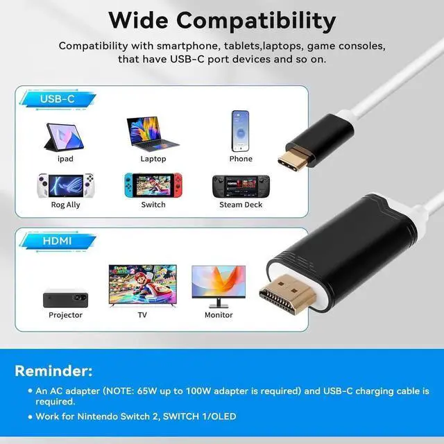 Alt view image 4 of 7 - JAENFONG 2M USB C to HDMI Cable for Nintendo Switch 2 Type-C to HDMI Conversion Cable Replaces for Original Switch 2 Dock Station for TV Projection Screen - (4K 60Hz Output 100W PD Charging Port)