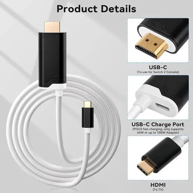 Alt view image 5 of 7 - JAENFONG 2M USB C to HDMI Cable for Nintendo Switch 2 Type-C to HDMI Conversion Cable Replaces for Original Switch 2 Dock Station for TV Projection Screen - (4K 60Hz Output 100W PD Charging Port)