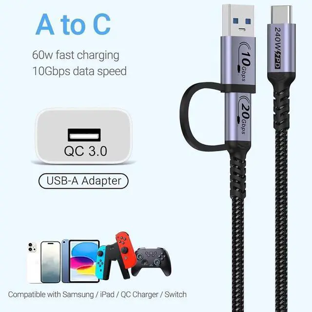 Alt view image 7 of 7 - Android Auto USB C Cable 2-in-1 [1.5ft 2Pack] 240W Max USB 3.1 Gen 2 Fast Charging CarPlay Cable Compatible with iPhone 16 15 Pro Max Galaxy S23 S22 Ultra Note 20 SSD